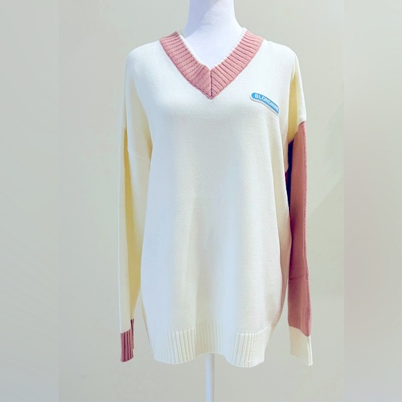 BLONDNINE Unisex Cream and Pink Long Sleeve V-neck Sweater Size XL EUC - Picture 2 of 8